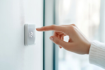Hand Adjusting a Digital Thermostat on a Wall for Temperature Control