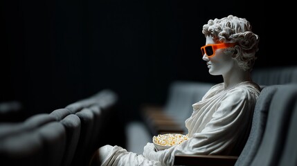 A classical marble statue, wearing orange sunglasses, holds popcorn while sitting in a dimly lit movie theater.