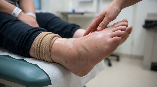 Healthcare Professional Examining Severely Swollen Foot in Clinic
