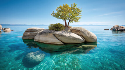 Small tree on rocky island in clear lake surrounded by pristine nature