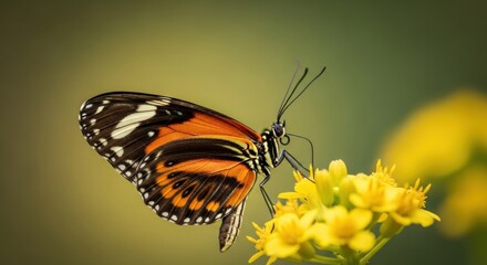 Naklejka premium Orange butterfly with black and white markings rests on a bright yellow flower.
