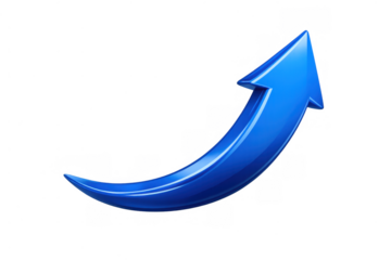 Blue glossy 3d arrow showing upward growth, business success, progress, and financial increase on transparent background
