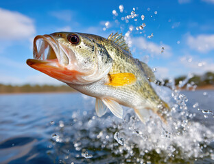 Vibrant bass fish leaps out of the water against a bright blue sky