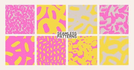 Seamless abstract pattern set with expressive organic shapes in bright pink and yellow tones. Modern hand-drawn textures with bold graphic forms. Minimal vector backgrounds for fashion, textiles 
