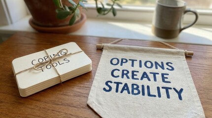 Inspirational Banner and Stack of Cards on Wooden Surface