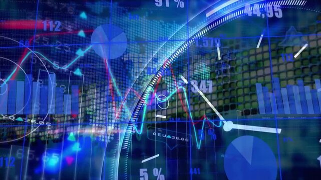Animated blue screen shows business taxes and profits via graphs and numbers.