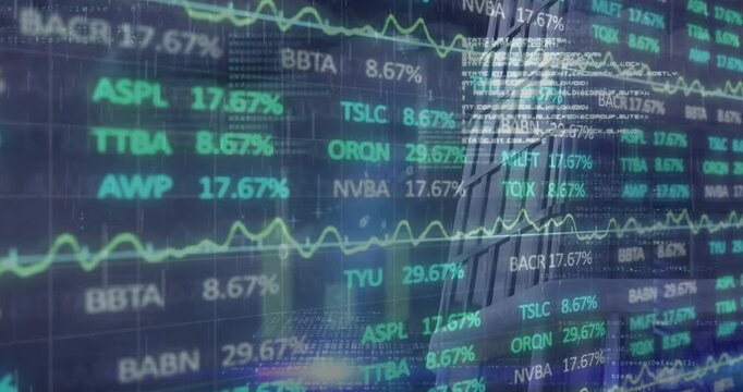 Animation of stock market data processing against rain falling over tall buildings