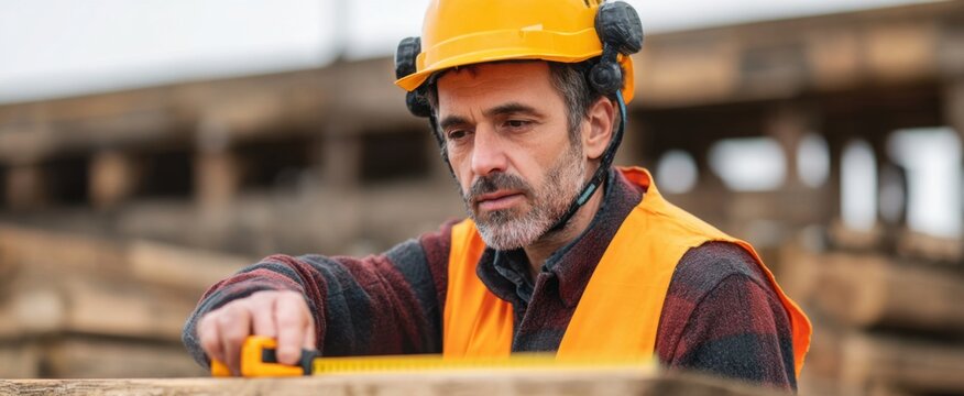 builder checking wooden planks at a job site for precision