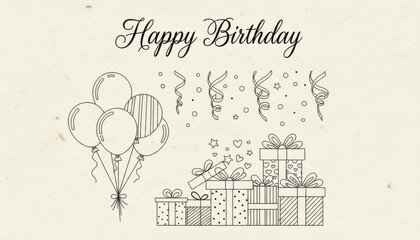 Obraz premium happy birthday line art clipart collection template illustration template featuring balloons streamers and wrapped presents on textured background that looks like fine paper