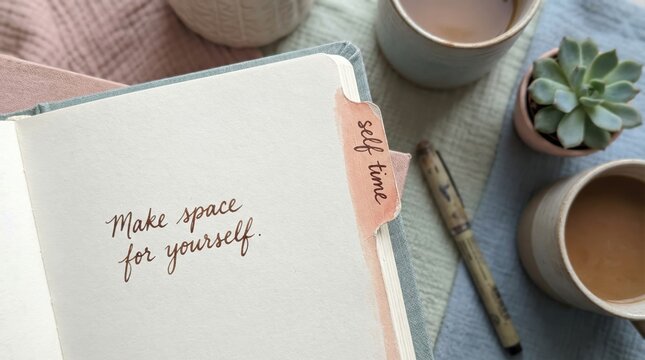 Journal page with self time tab and pen nearby