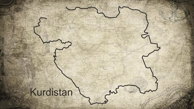 Kurdistan map drawn on a cartography background sheet of paper