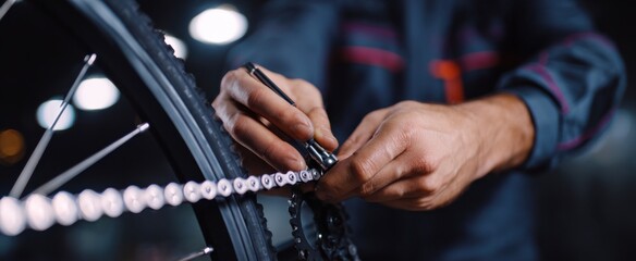 a bike mechanic fine-tuning a bicycle chain with specialized tools