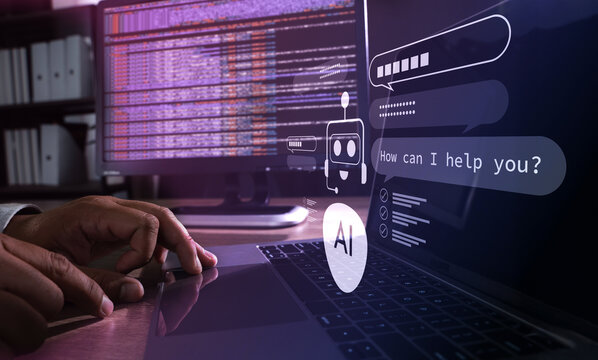 IT uses laptop with AI chatbot interface, How can I help you?, data screens representing customer support automation, help desk service, and digital assistant technology.