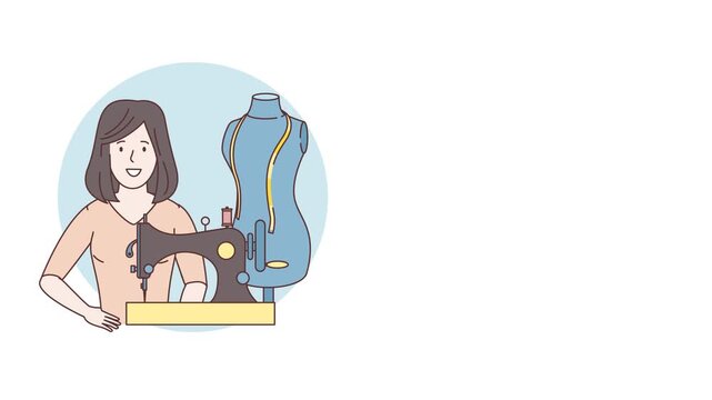 Seamstress sewing on a vintage sewing machine. Young seamstress at work in a cloth factory. Mannequin. Woman housewife sews on the sewing machine. Fashion and tailoring concept. 2d flat animation