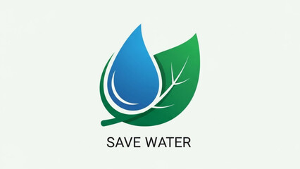 Save water concept with blue teardrop and green leaf on white background conservation symbol