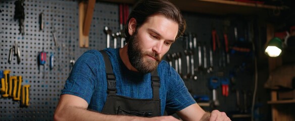 The man orchestrates tools on a pegboard creating harmony in his garage workspace.