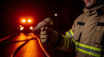 Firefighter holding a bird in hand embodying rescue and protection. Concept of compassion and saving lives. Emergency service worker.