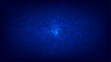 Abstract blue glowing electric lines background with digital energy tangles radiating from central core for technology and science concepts on dark navy backdrop