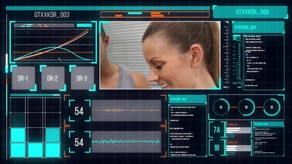Animation of interface with sports data processing against black background - Powered by Adobe