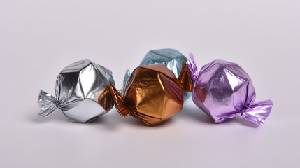 Modern candy shapes with metallic wrappers on minimalist white surface