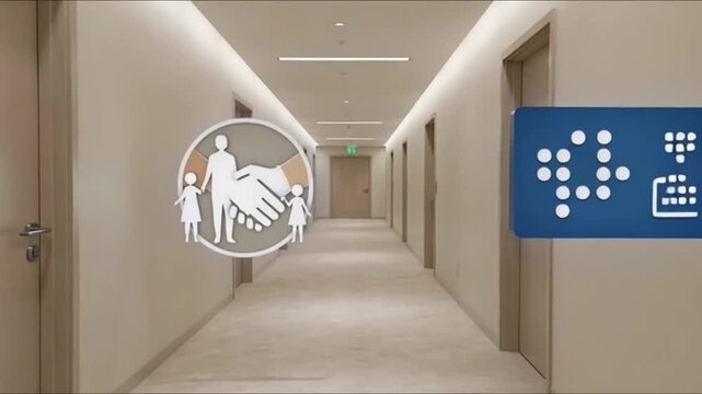 Corporate hallway with inclusive signage icons