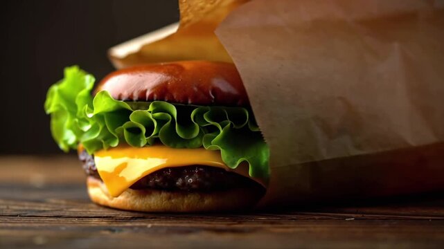 Cinematic 4K video, slow-motion close-up freshly wrapped hamburger being unwrapped rustic wooden table, melted cheese stretching, crisp lettuce, juicy patty visible, high-detail paper packaging