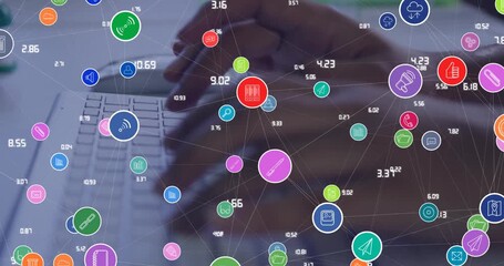Animation of network of connections with icons over african american businessman using computer - Powered by Adobe