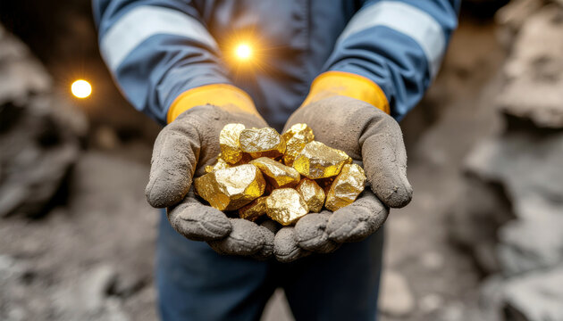 Close up of miner gloved hands holding raw gold ore nuggets