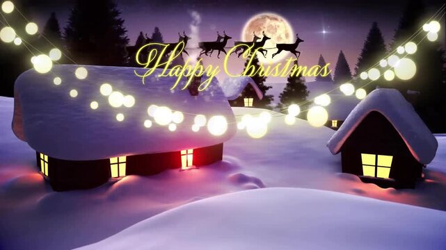 Animation of lights, snow covered houses, merry christmas text, santa riding sleigh with reindeers