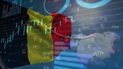 Animation of statistics and financial data processing over flag of belgium - Powered by Adobe