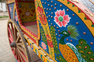 Fototapeta premium Colorful Bangladeshi Rickshaw Art with Peacock and Floral Motifs - Generative AI