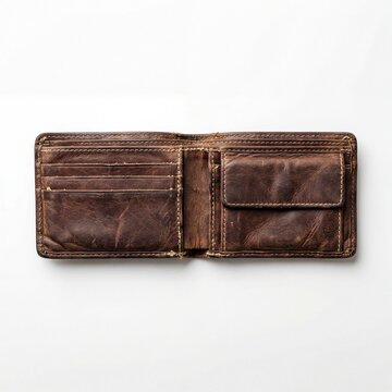 Open empty brown leather wallet concept isolated on white background.
