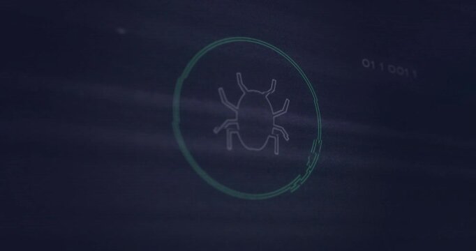 Animation of data processing with bug icon on black background