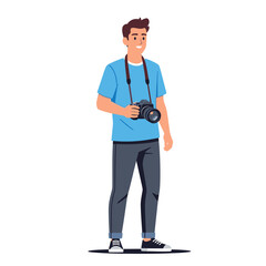 Fototapeta premium Young Man Photographer with DSLR Camera Around Neck, Casual Style, Vector Illustration