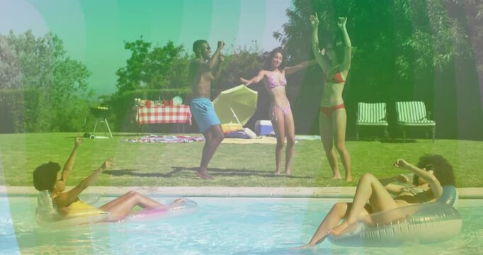 Friends dancing by pool, marketing charts and social media icons floating around picnic table