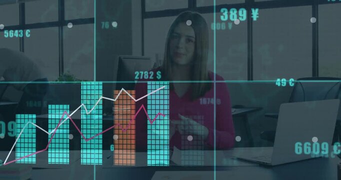 woman presenting data in business office, with animated orange bar graphs and numeric labels