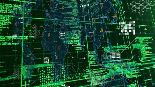 On load world map rotating and streaming grid code flashing warnings for data visualization