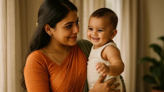 Warm, intimate video still of a smiling mother holding her baby, captured at eye level. Soft lighting enhances the cozy, joyful atmosphere.