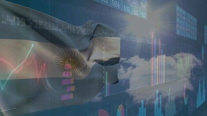 Scrolling tickers initiating Argentine flag waving bar charts rising visualizing markets - Powered by Adobe