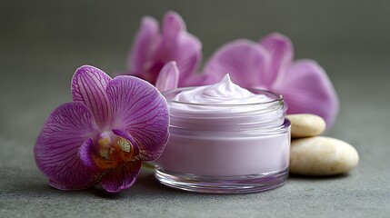 Healthy skincare spa still life featuring a pink orchid flower and towel near a cosmetic cream jar for beauty treatment