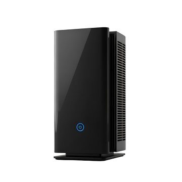 Black Computer Tower with Blue Power Button.