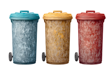 Three Colorful Trash Cans on Wheels Isolated on White Background, Waste Management Concept