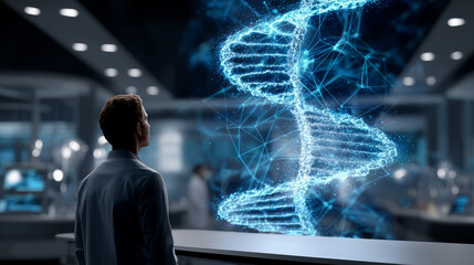 Blue DNA double helix with water molecule blue background. Human genetic research DNA, laboratory environment. Abstract image of human genetics, which glowing DNA strands merge with digital elements