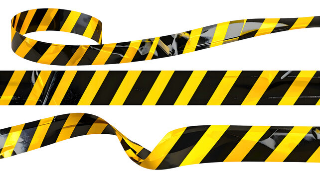 Two strips of wrinkled yellow and black striped caution tape for restricted areas. Isolated on transparent background, png