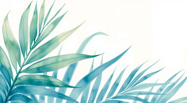 Tropical palm leaves watercolor illustration on white background Minimalist exotic foliage border with copy space for text. Blue-green tropical palm branches decorative frame on white