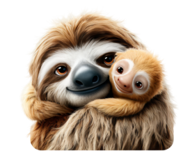 Two adorable sloths, one adult and one baby, are embracing each other with joyful expressions against a white background. isolated image, transparent background