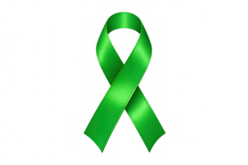 Green satin ribbon forming a loop, representing mental health awareness, empathy, and advocacy on a transparent background