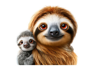 Fototapeta premium Two adorable sloths, one adult and one baby, are smiling together against a white background, showcasing their expressive eyes and soft fur. isolated image, transparent background
