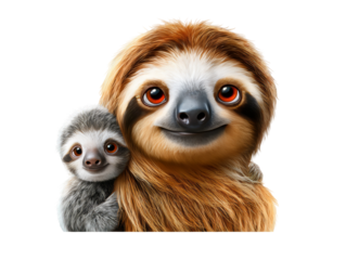 Two adorable sloths, one adult and one baby, are smiling together against a white background, showcasing their expressive eyes and soft fur. isolated image, transparent background