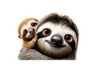 Cute sloth and baby sloth are embracing each other with joyful expressions, showcasing their adorable features and soft fur in a playful moment. isolated image, transparent background